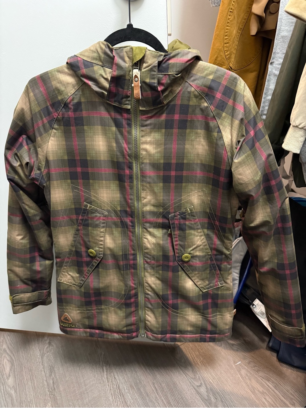 Burton Olive Green Plaid Hooded Ski Jacket with Pink Accents